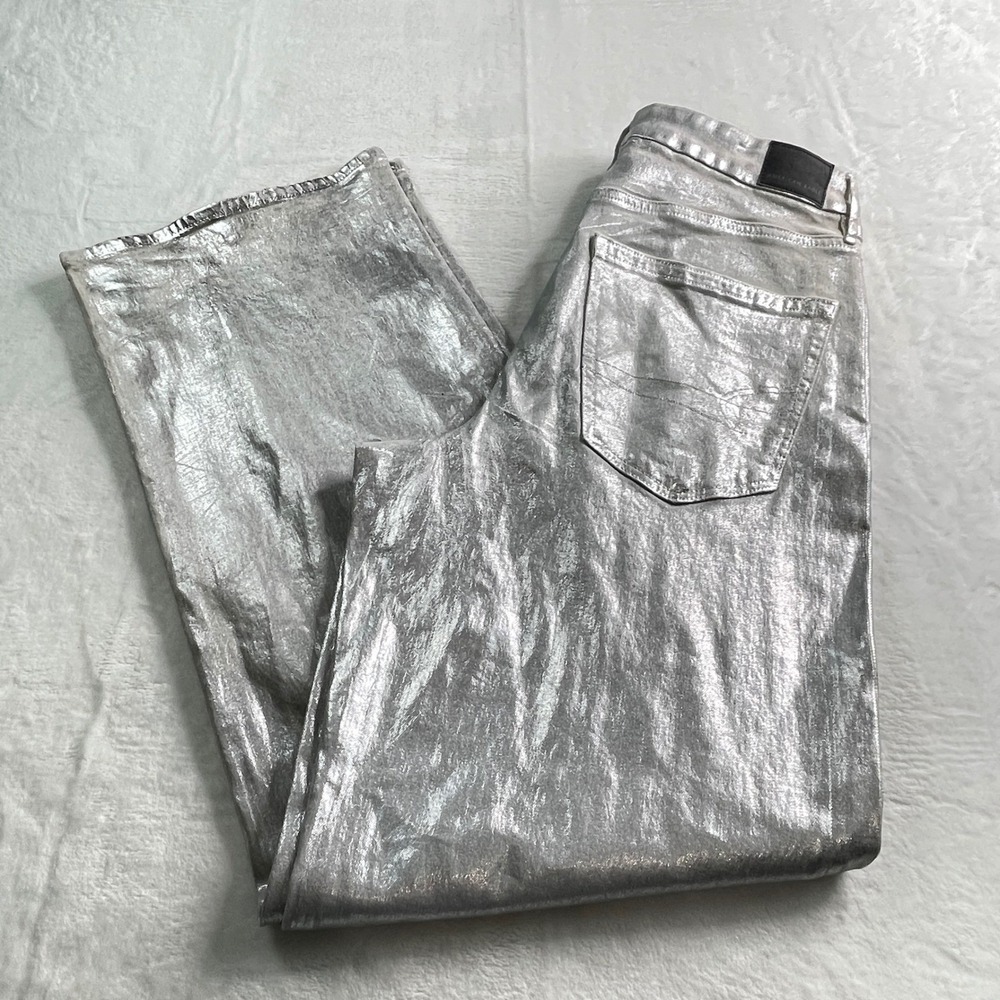 American Eagle Silver Metallic Coated High Rise Wide Leg Jeans 12 Long NWT Y2K